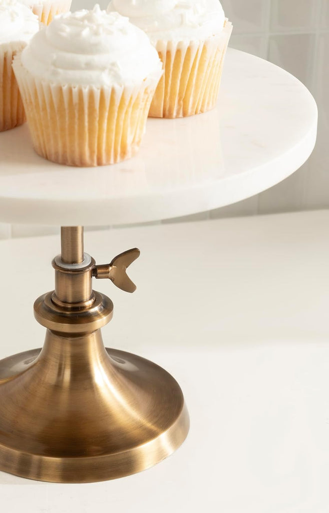 Engles Modern Adjustable-Height Round Marble Cake Stand, 10 Inch Diameter, White and Antique Brass, Marble Pedestal