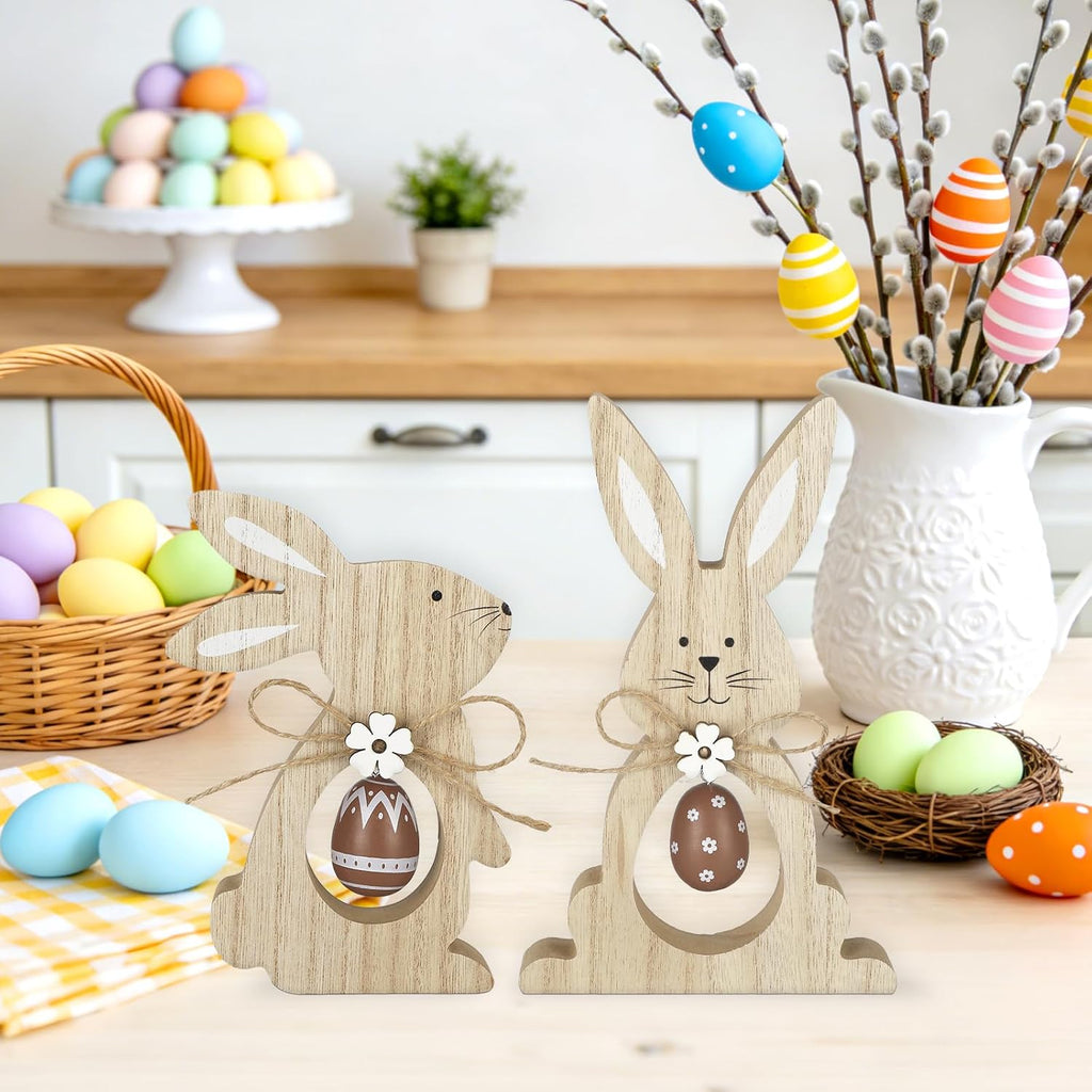 Easter Decorations Wooden Bunny Tiered Tray Decor Happy Easter Table Centerpieces Farmhouse Rabbit with Egg - Set of 2
