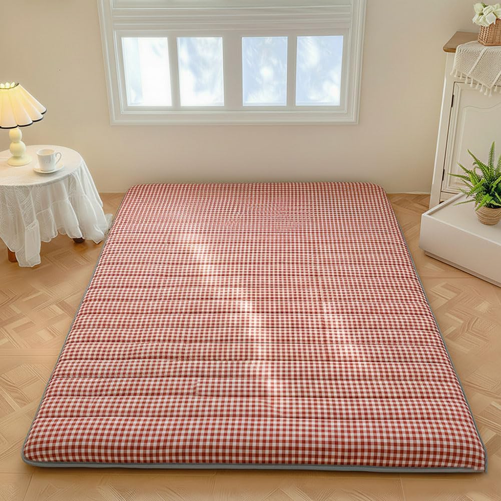 Red Gingham Japanese Floor Mattress, 3.5" Thick High Density Foam Futon Mattress, Foldable Tatami Sleeping Pad, Roll
