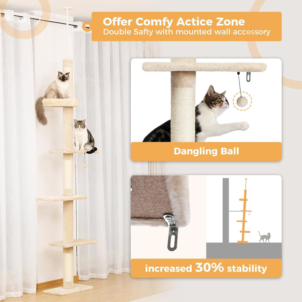 5-Tier Floor to Ceiling Cat Tree, 95-107In Tall Cat Tower Beige