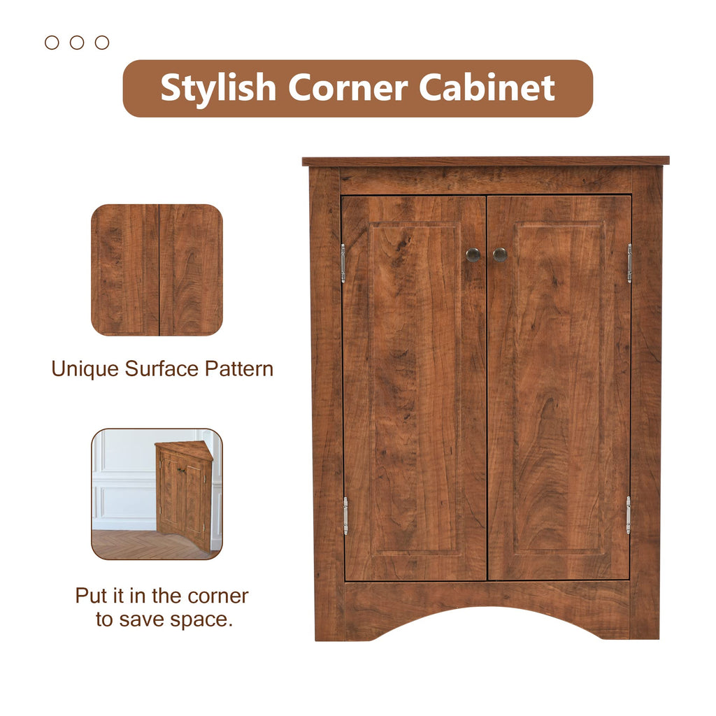 Corner Storage Cabinet with Two Doors, Adjustable Shelf, Freestanding Floor Space Saver, Brown