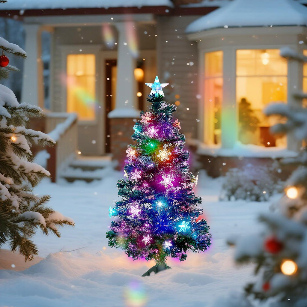 3 ft Pre-Lit Green Artificial Christmas Tree, Lighted Optical Fiber Table Mini Xmas Trees with Color Changing Lights