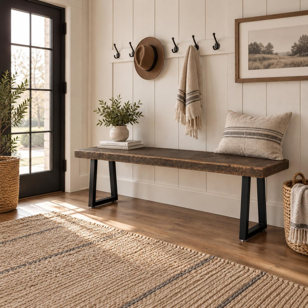 Rustic Revival Reclaimed Barnwood Bench, Solid Wood with Metal Base, Modern Farmhouse Style, 2-Inch Thick Top, (38x12)