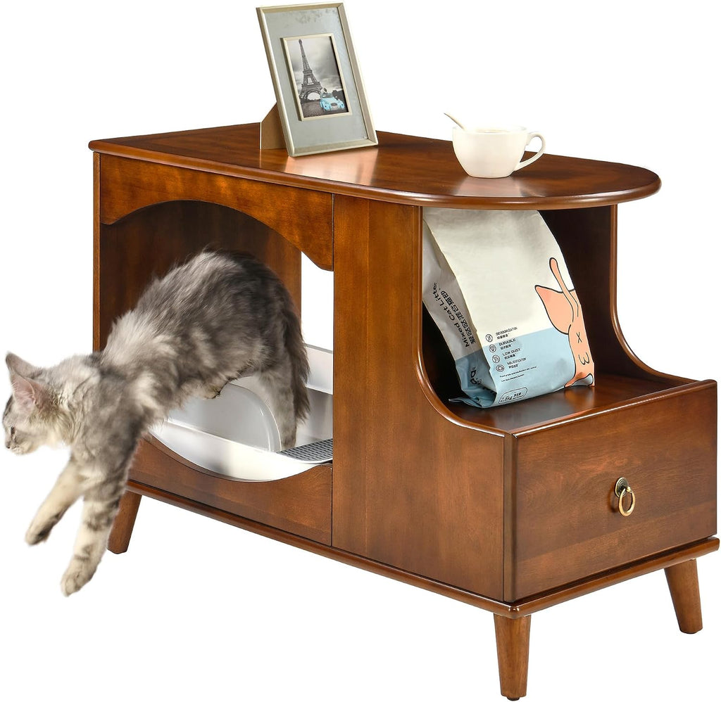 Solid Wood Cat Litter Box Enclosure with Drawer, Wooden Cat Bed