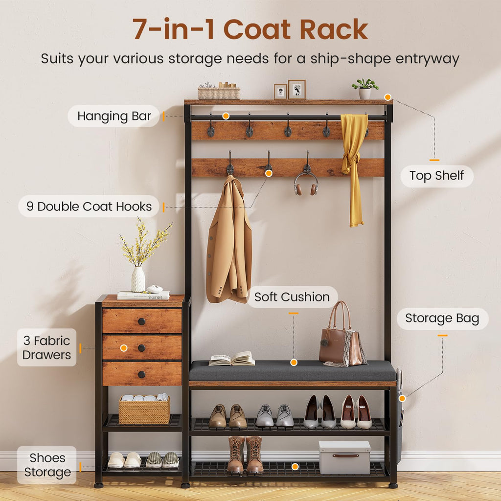 Coat Rack, Hall Tree with Bench and Shoe Storage, 7-in-1 Entryway Bench with Soft Cushion, Storage Bag, 3 Fabric