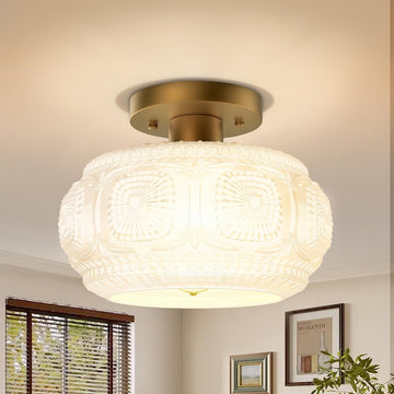Milk Glass Semi Flush Mount Ceiling Light Fixture, Vintage Gold