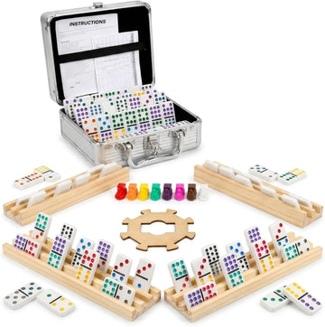 Mexican Train Dominoes Set with 4 Wooden Trays - 91 Double 12 Color Dot Dominoes, Aluminum Storage Case, 9 Train