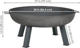 34 Inch Cast Iron Heavy-Duty Fire Pit Bowl - Wood Burning Outdoor - Gray
