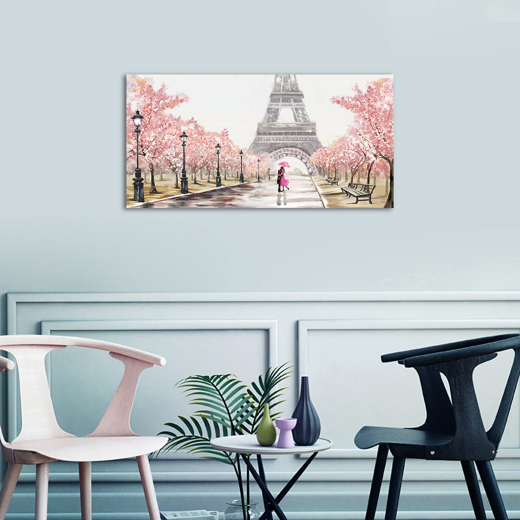 Pink Canvas Wall - Paris Eiffel Tower Couple on Sakura Blossoming Street Scenery - Pink Theme Wall Decor - 30"x60"