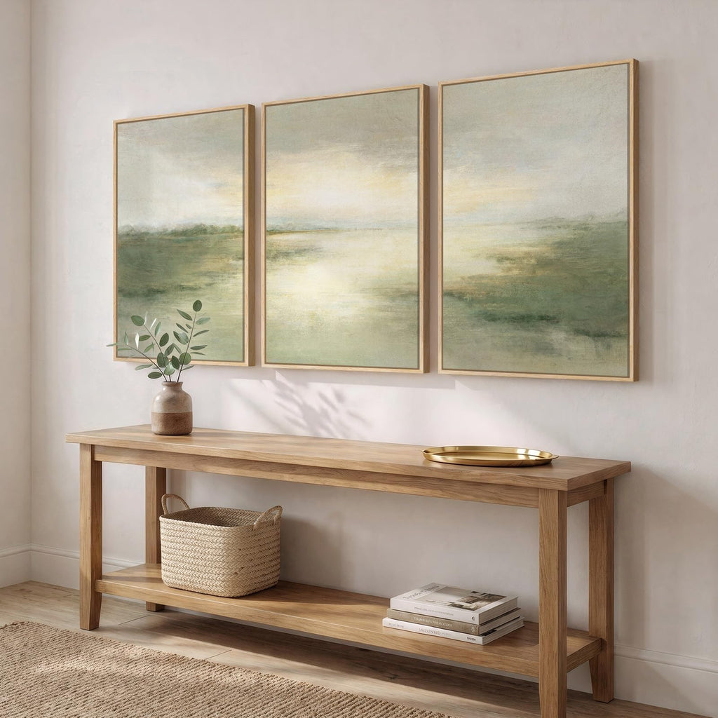 Large Framed Sage Green Abstract Landscape Wall Art, Set of 3 Each 20x30 In