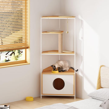 Corner Cat Tree Cat Tower Cat Condo Cat House Furniture, White + Light Oak