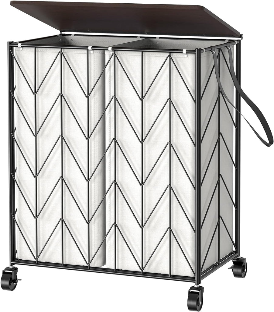 Double Laundry Hamper with Lid, Rolling Laundry Basket with Wheels | Heavy Duty Wire Clothes Hamper with Divided