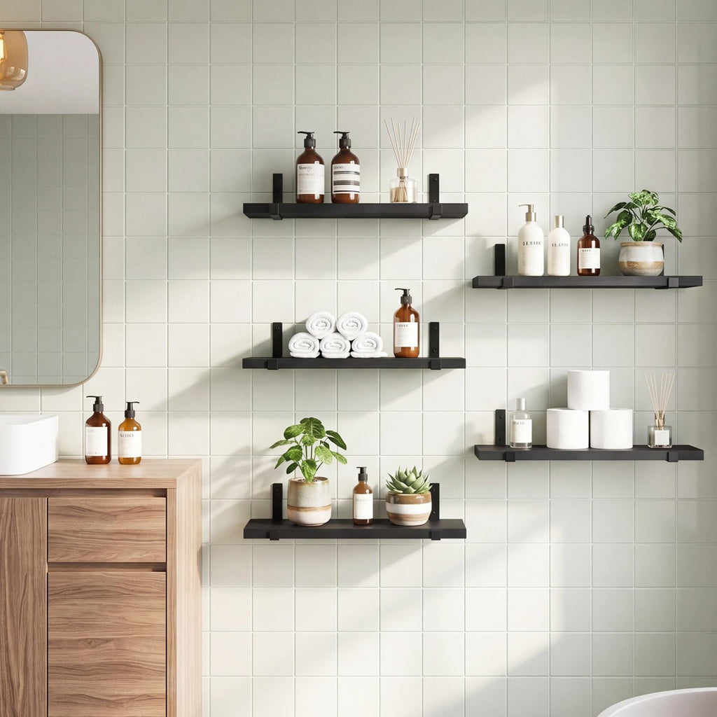 Floating Shelves for Wall, Wood, Set of 5, Width 4.75 Inches, Black