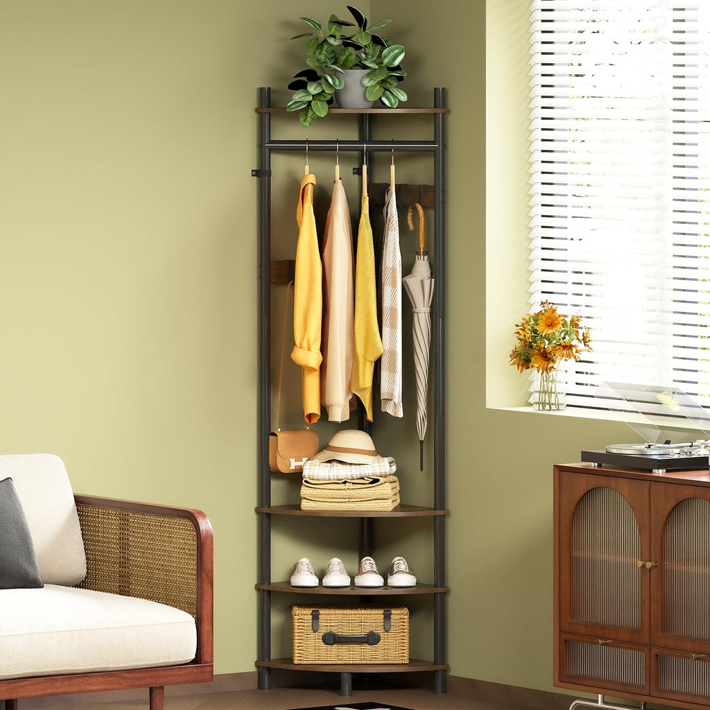Corner Hall Tree with Shoe Rack Entryway Coat Rack with 6 Metal Movable Hooks Floor Standing Clothes Rack Organizer