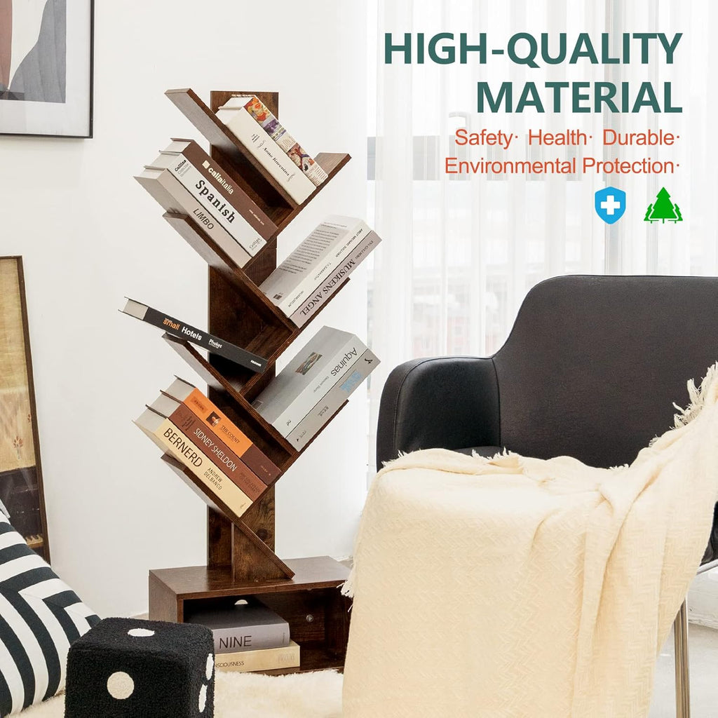 Tree Bookshelf - 6 Shelf Retro Floor Standing Bookcase, Tall Wood Book Storage Rack for CDs/Movies/Books