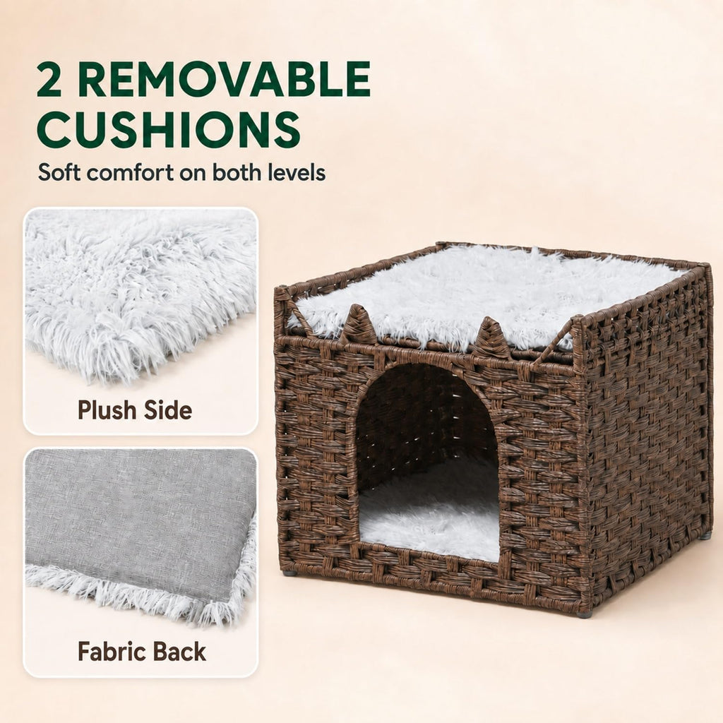 Handwoven PE Rattan Cat Bed with Ears, 2-Level Indoor Cat Cave House with 2 Removable Cushions, Foldable Hideaway