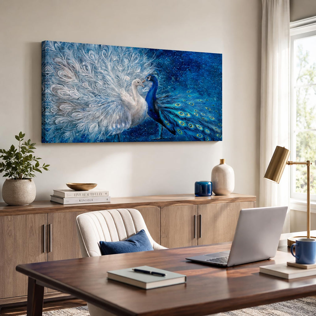Peacock Canvas Wall Art Blue and White Peacock Couple Painting Pictures Elegant Animal Artworks Romantic Kiss Artwork