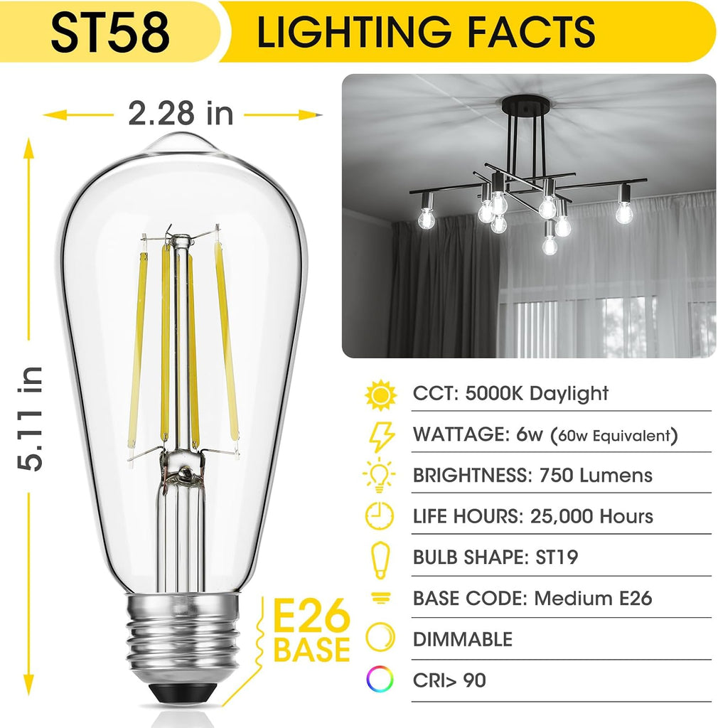 ST19 Vintage LED Edison Bulbs, 60W Eq, Dimmable, Daylight 5000K, 4-Pack