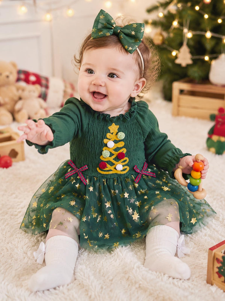 Baby Girl 1st Birthday Outfit Long Sleeve Christmas Romper Dress Cake Smash Clothes with Headband
