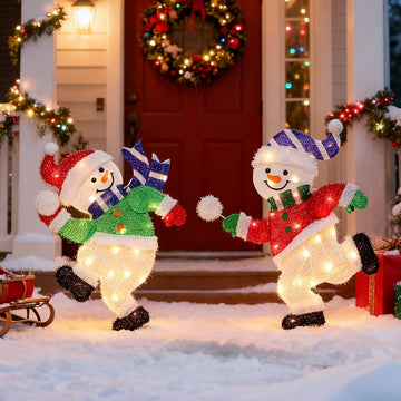Set of 2 Lighted Snowmen Christmas Decorations, Pre-Lit 2D Tinsel Cute Snowman Snowball Fight with Lights, Light Up &