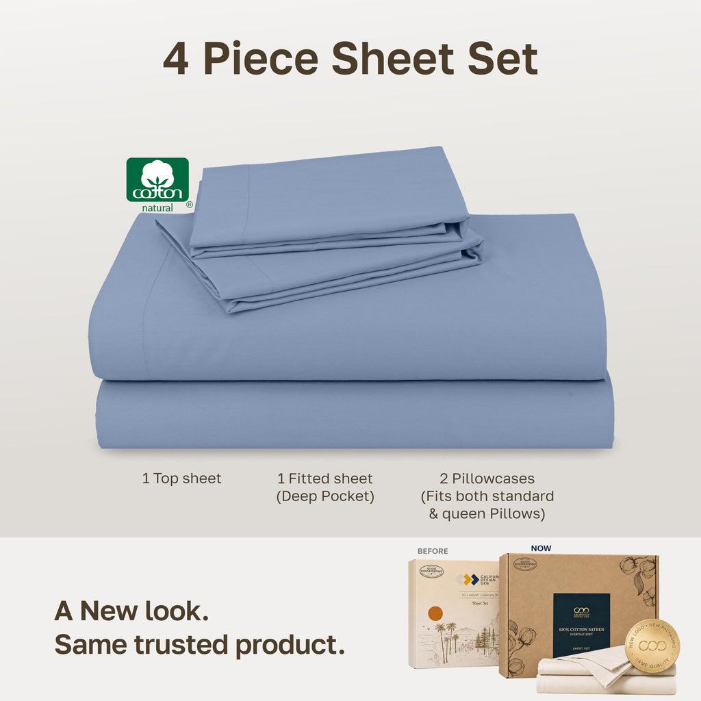 Soft Natural 100% Cotton Sateen Bed Sheets, 4 Pc Set, Blue Hydrangea