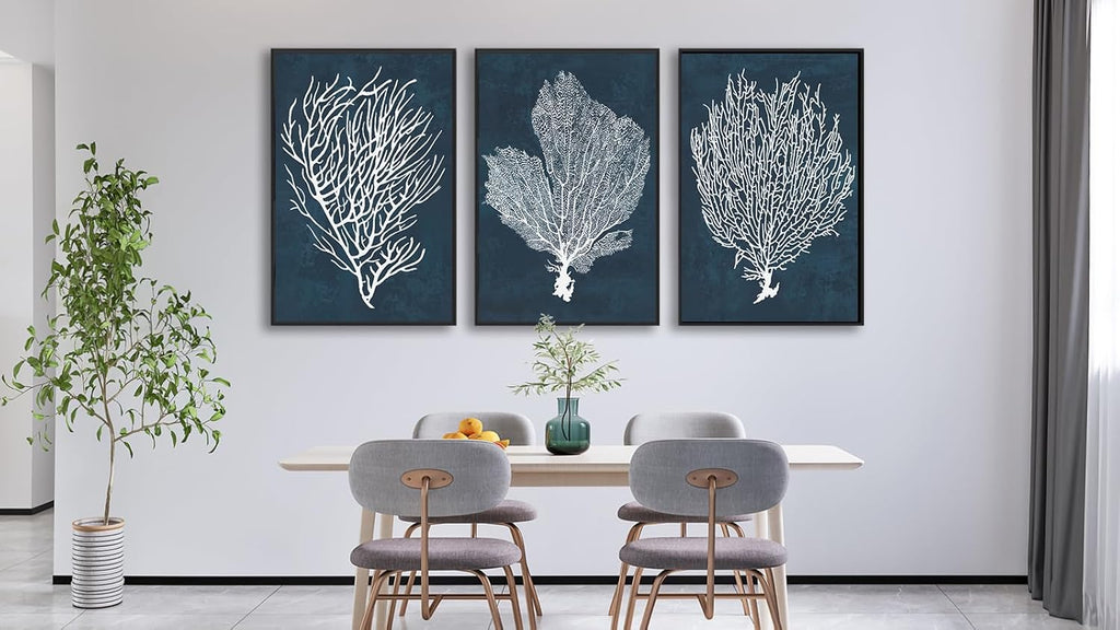 Large Framed Coral Wall Art - Navy Blue Coastal Wall Decor Painting Set of 3 Minimalist Beach Wall Art Prints