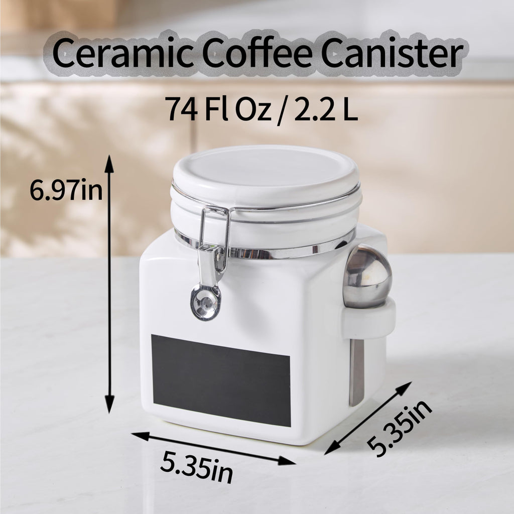 Ceramic Coffee Canister with Airtight Lid and Scoop, Large 74 Fl Oz / 2.2 L Kitchen Food Storage Container Jar for