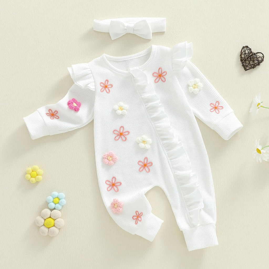 Newborn Baby Girl Clothes Ribbed Ruffle Romper Long Sleeve Zipper Onesie Jumpsuit Coming Home Outfit Girl (3D Flower
