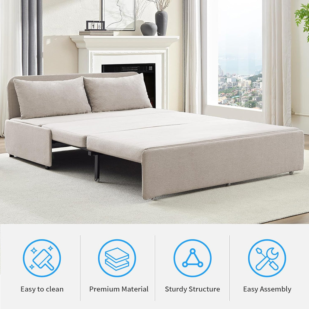 64" Queen Pull Out Sofa Bed, Linen Convertible Couch Bed with Tri-Fold Hidden Mattress, No-Tool Assembly, Space