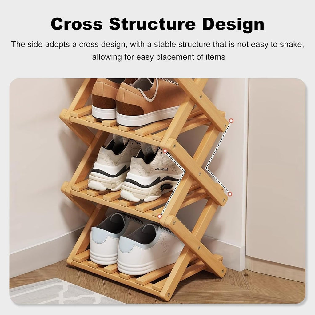 Bamboo Shoe Rack, Foldable Vertical Free Standing Shoe Storage Shelf
