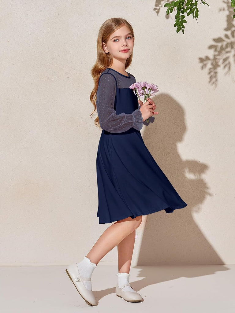 Girls Contrast Mesh Long Sleeve High Waist A Line Short Dress with Pockets
