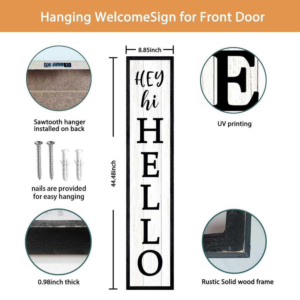 Hey Hi Hello Welcome Sign For Front Porch Standing 45"X9" Large Outdoor Tall Wood Frame Vertical Wall Decor Rustic