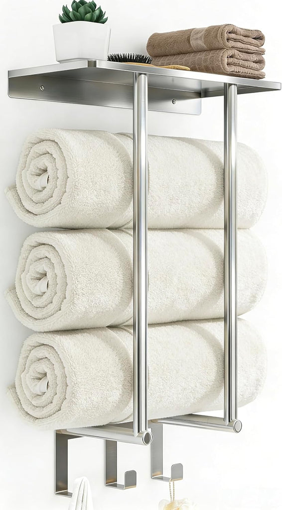 Towel Racks Wall Mounted with 3 Hooks, Brushed Nickel | Stainless Steel Towel Rack with Shelf, Towel Storage Holder