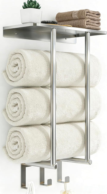 Towel Racks Wall Mounted with 3 Hooks, Brushed Nickel | Stainless Steel Towel Rack with Shelf, Towel Storage Holder