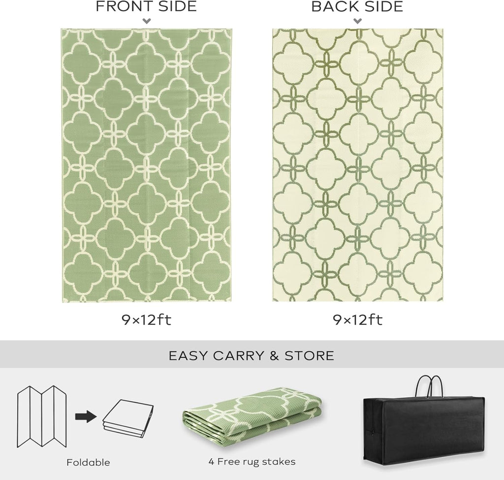 Ashler Sage Green Outdoor Plastic Straw Rug Waterproof for Patio, Clearance Reversible Camping Mats,