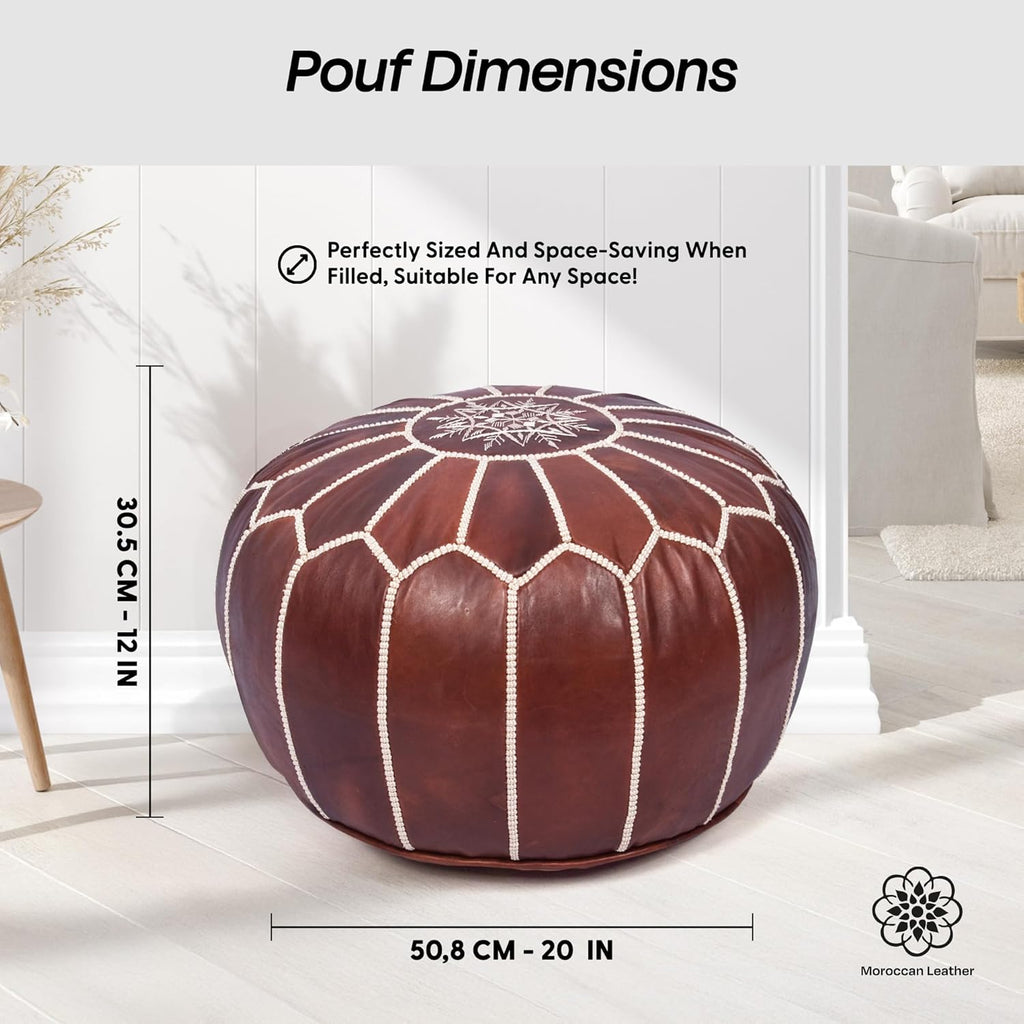 Pouf Ottoman Cover, Unstuffed Foot Stool, Round Boho Footrest Decor Gift (Dark Brown)