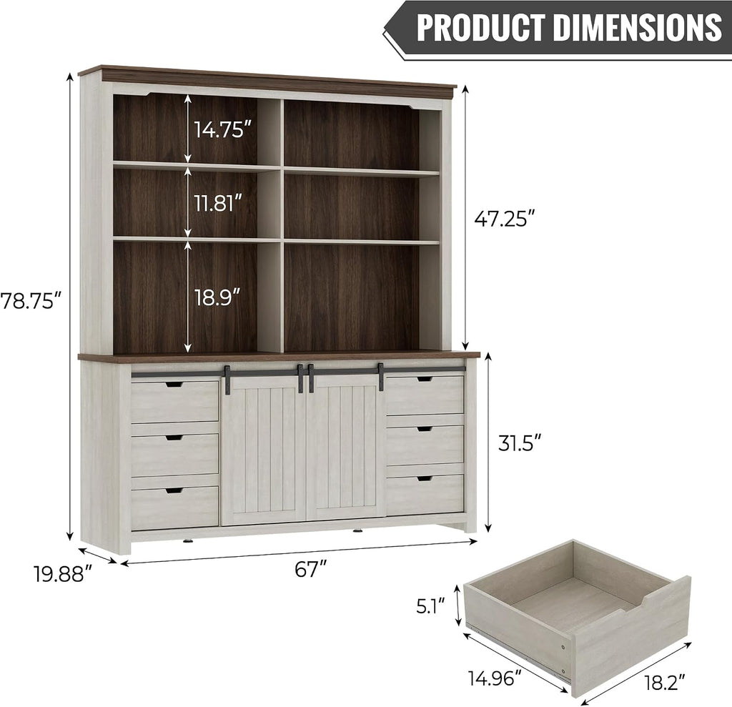 78.8" H Farmhouse Kitchen Hutch Cabinet with 3-Tier Open Shelves, Storage Pantry Cabinet with Wide Countertop, 6