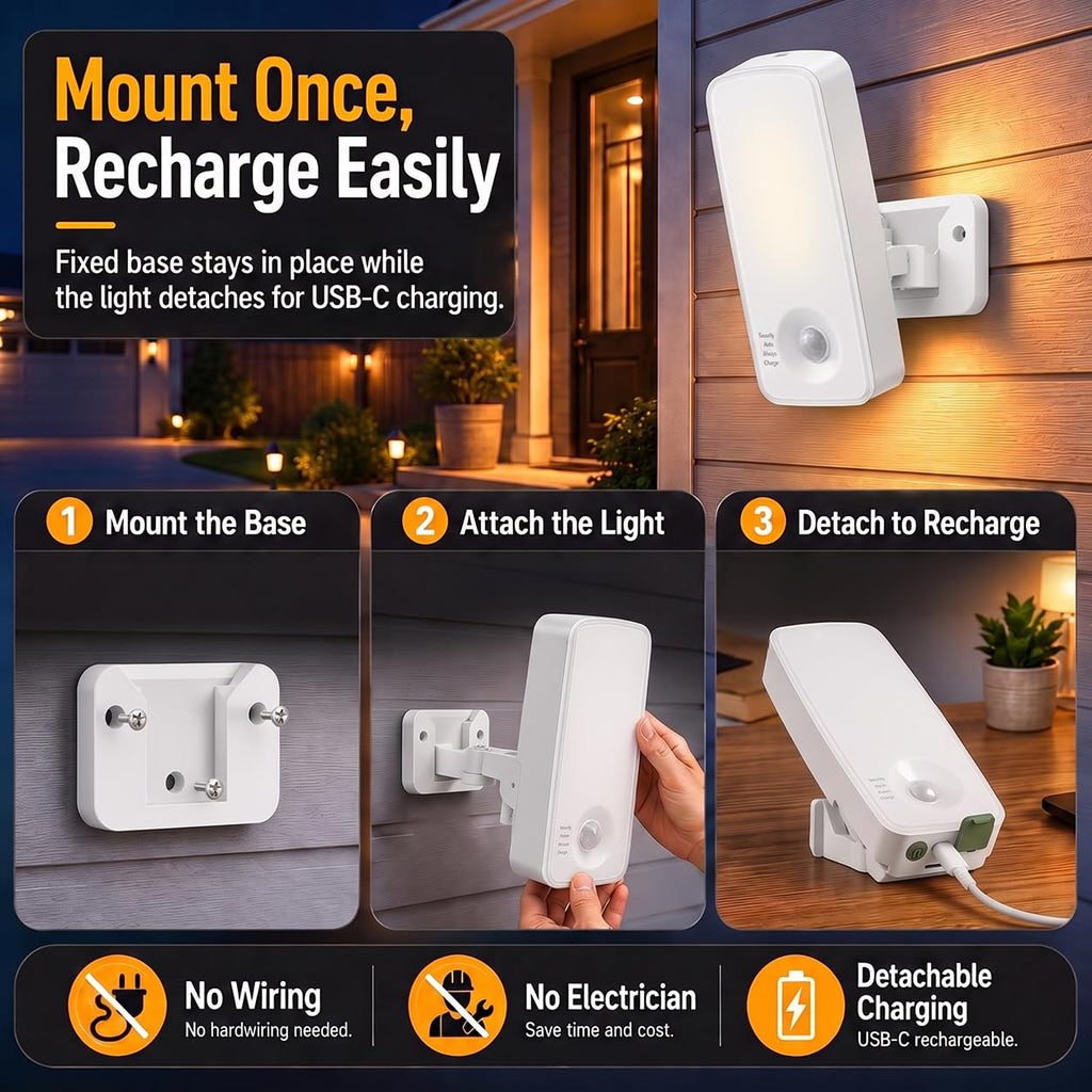 Rechargeable Outdoor Wall Lights, Motion Sensor Porch Lights, White