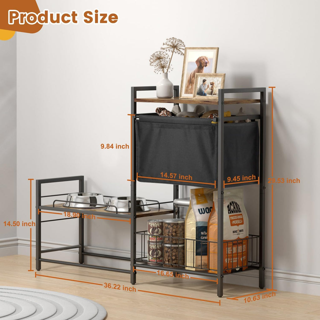 Elevated Dog Bowl Stand with Toy Bin Basket, 4 Height Adjustable Raised Feeding Station Cabinet, Lifted Food