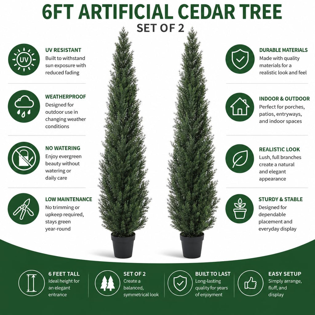 6 Feet Pre-Potted Evergreen Outdoor Artificial Cedar Tree for Front Porch Decor, Outdoor Entryway Decor Fake Tree