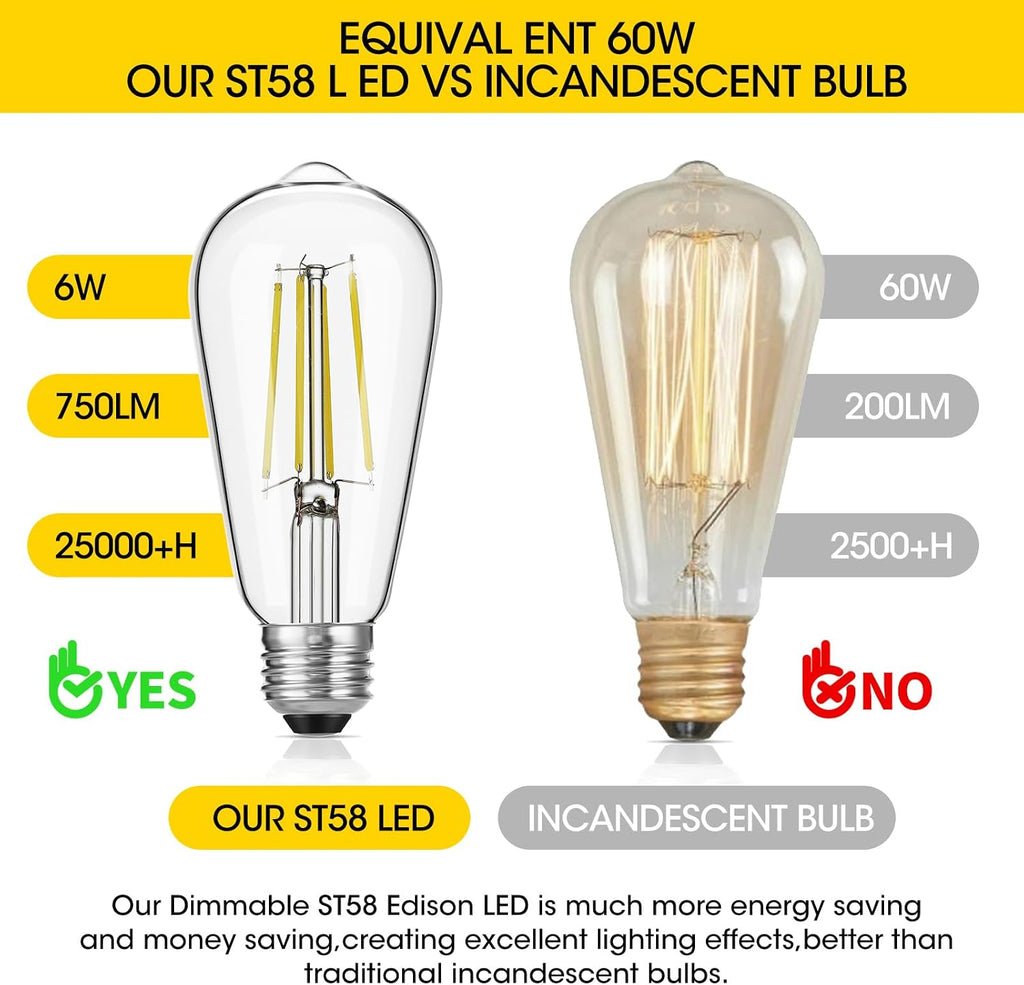 ST19 Vintage LED Edison Bulbs, 60W Eq, Dimmable, Daylight 5000K, 6-Pack