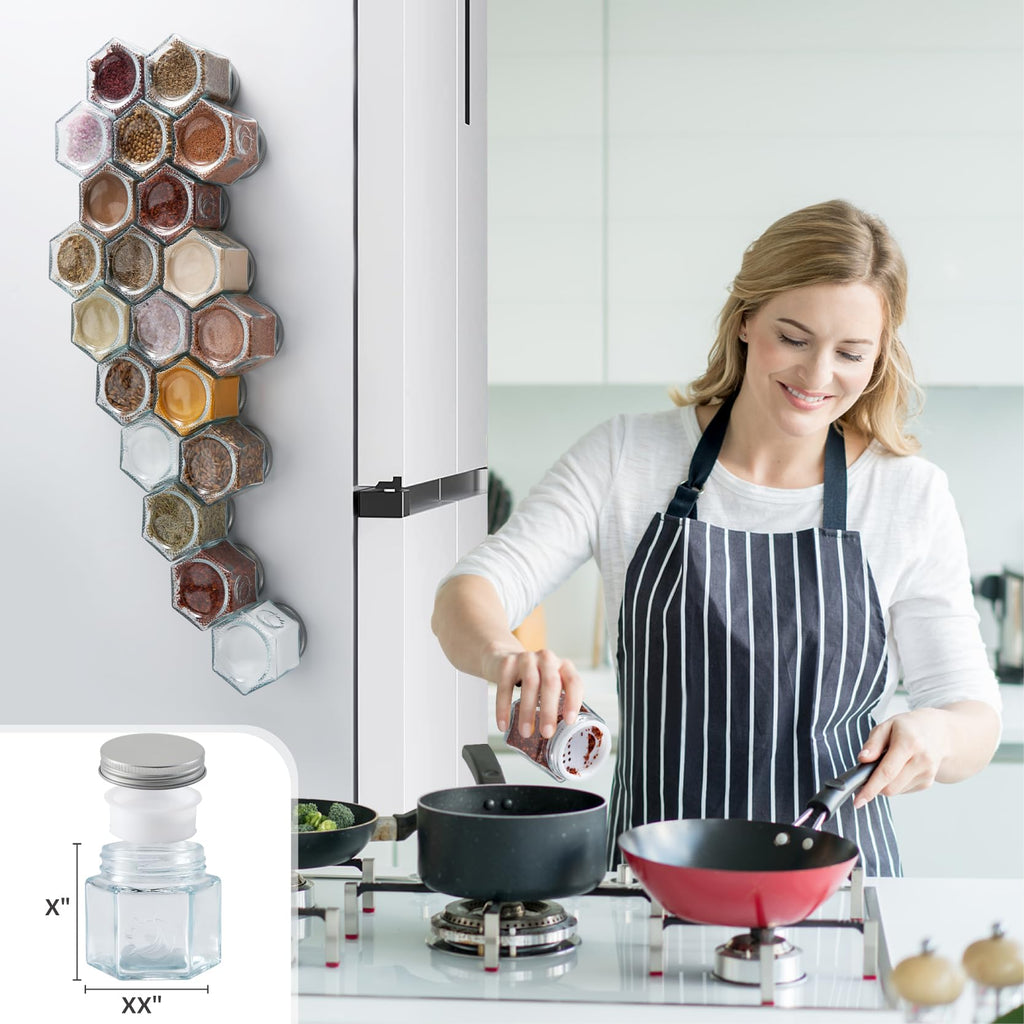 Set of 20 Large 4oz Magnetic Spice Jars for Refrigerator, Hexagon Glass Magnetic Spice Jars with Shaker Lids