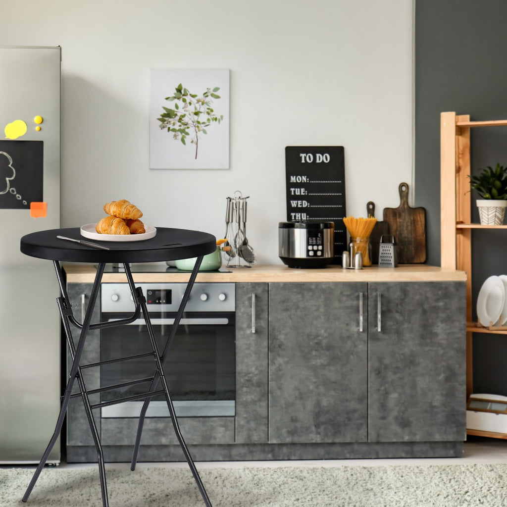 28in Folding Cocktail Table, Round Bar Height Table, Black 2-Pack