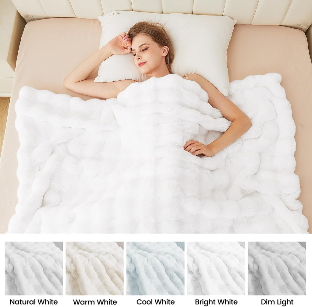 White Furry Blanket King Size Soft Faux Fur Throw Fuzzy Bunny Fur Blanket for Bed Cozy 90x108 Fluffy Blankets King