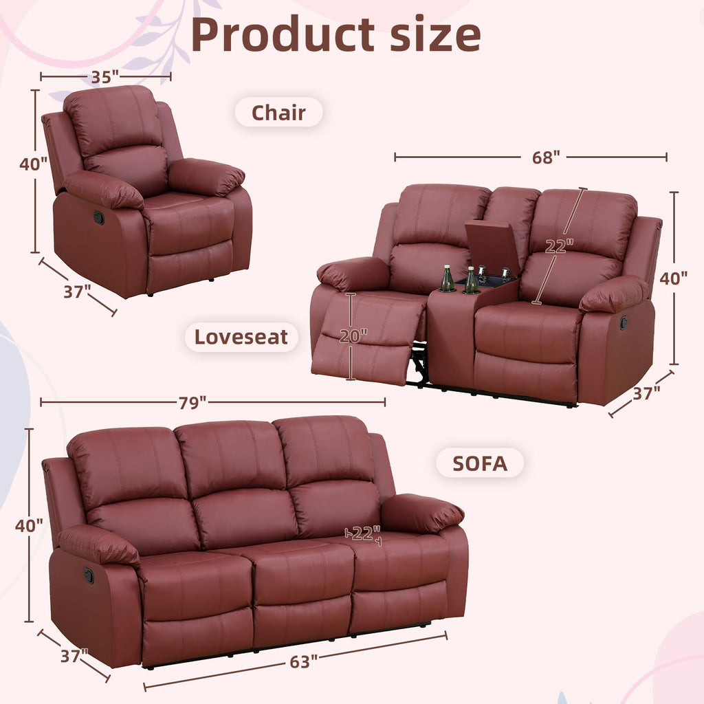 Manual Reclining Couch Sofa Set with Drop-Down Table, 3 Pieces Brown Leather Recliner Couch Sets, Living Room
