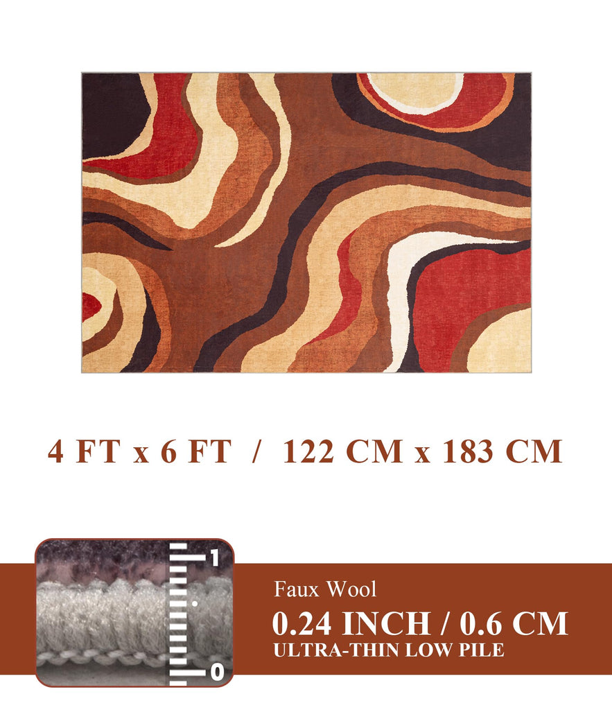 Burnt Orange Rug Washable, Farmhouse Brown Retro Carpets, Geometric Abstract Wavy Rug, Unique Colorful Rugs