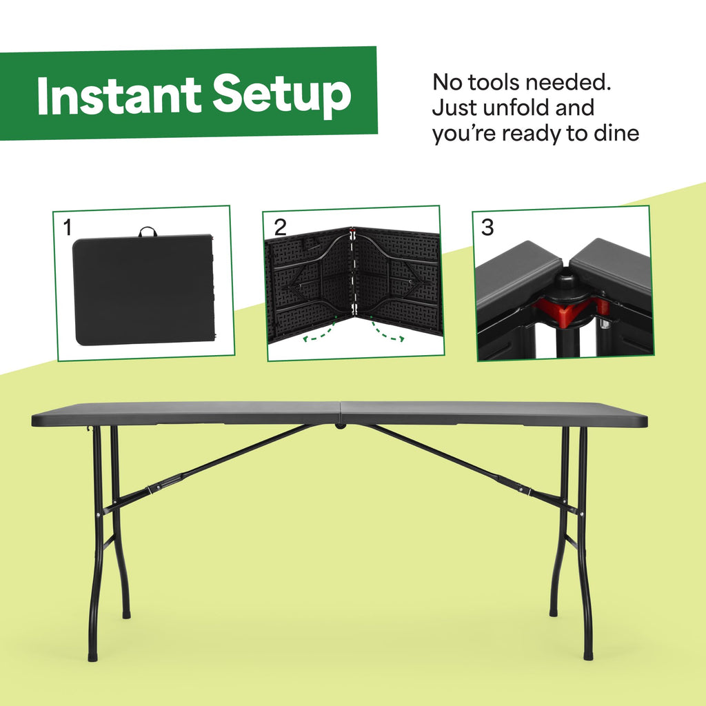 Black 8ft Folding Table with Handle | Heavy-Duty Foldable Table | Portable Table for Indoor & Outdoor Use | Perfect
