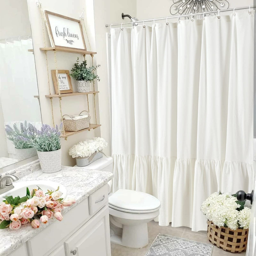 Mermaid Ruffle 72x72 100% Cotton Ivory White French Country Shabby Chic Shower Curtains Boho Farmhouse Country
