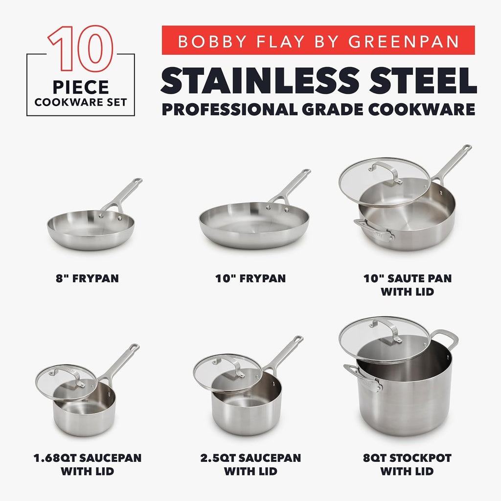 X Bobby Flay 10 Piece Stainless Steel Cookware Set, Tri-Ply Multiclad Pots & Pans, Professional Grade, Oven & Broiler