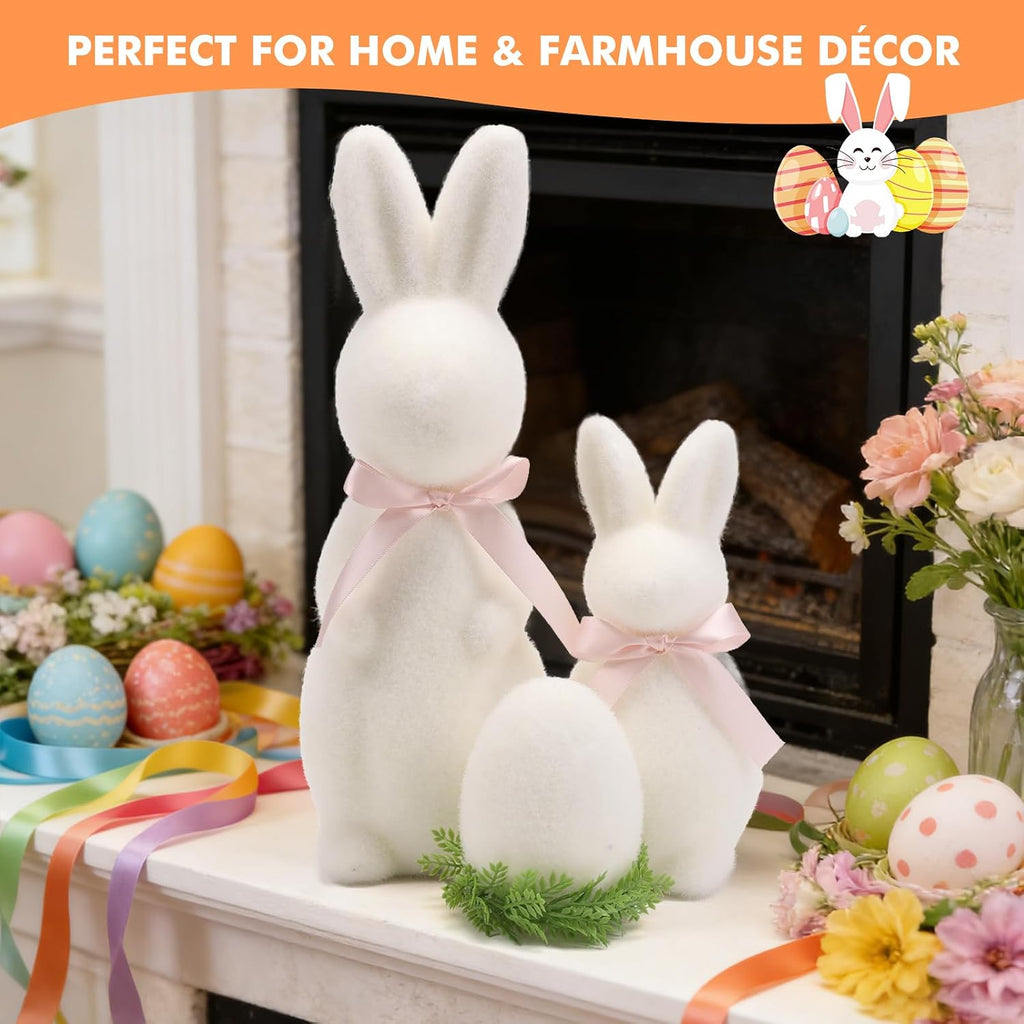 Easter Bunny Decor Set, 3 Pack Pastel Flocked Bow-Tied Bunny Set (13", 8", 4") Bunny Figurines for Spring Home Decor - Set of 3